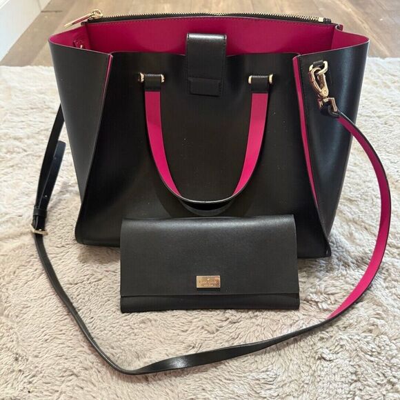 Kate Spade Arbour Hill Kyra Black Sweetheart Pink Leather Crossbody Handbag with - Picture 1 of 16